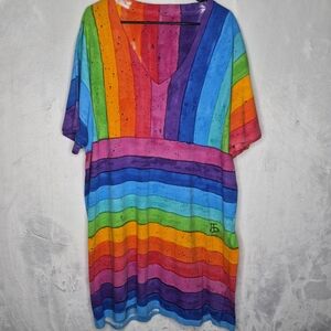 Vintage Hand Painted Rainbow Artwear Signed T Shirt Dress Size 3X